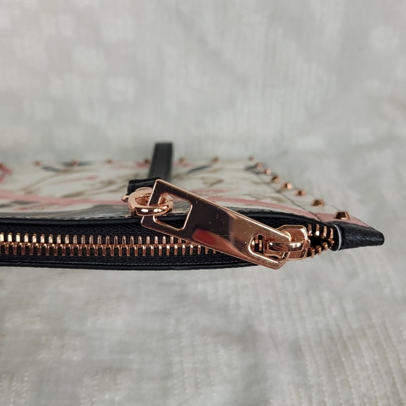 White House Black Market moody black floral flat clutch rose gold metal studs - Picture 3 of 10